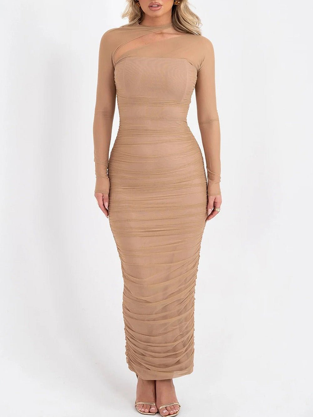Beige Mesh Mock Neck Asymmetric Cut Out Long Sleeve Ruched Maxi Dress