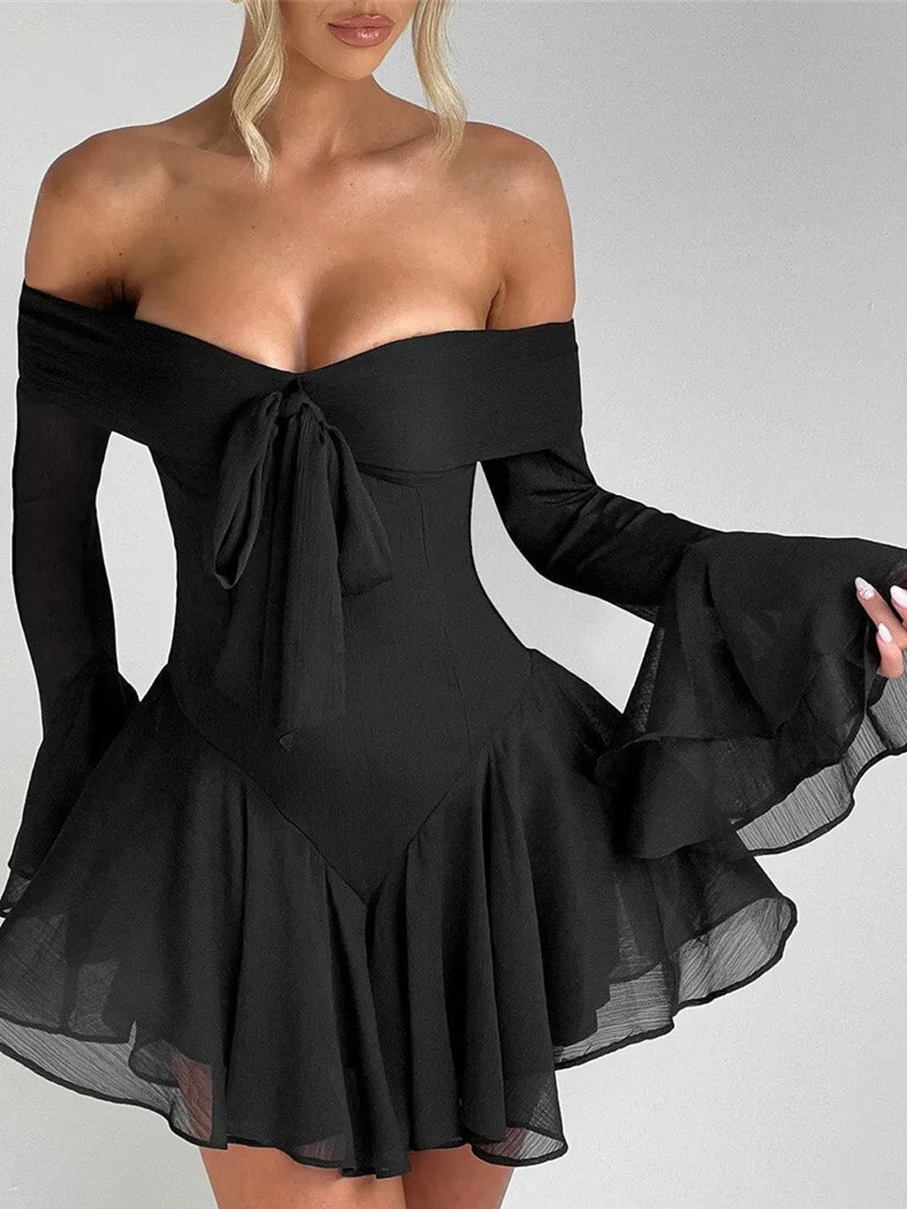 Black Off Shoulder Sweetheart Bow Bell Sleeve Fit and Flare Mini Dress