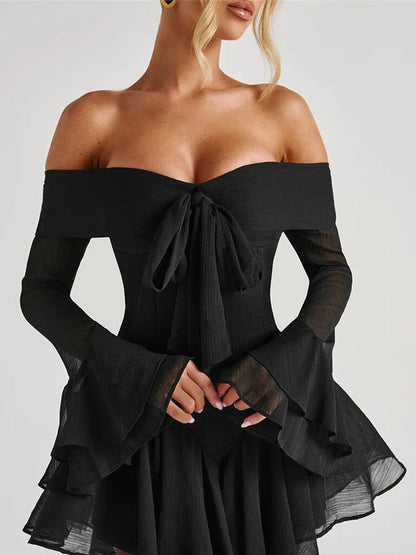 Black Off Shoulder Sweetheart Bow Bell Sleeve Fit and Flare Mini Dress