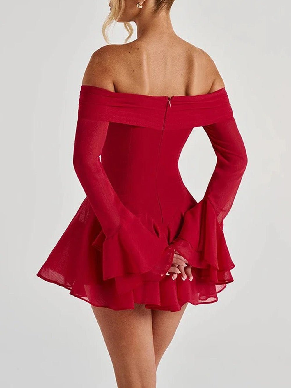 Red Off Shoulder Sweetheart Bow Bell Sleeve Fit and Flare Mini Dress