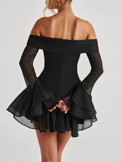 Black Off Shoulder Sweetheart Bow Bell Sleeve Fit and Flare Mini Dress