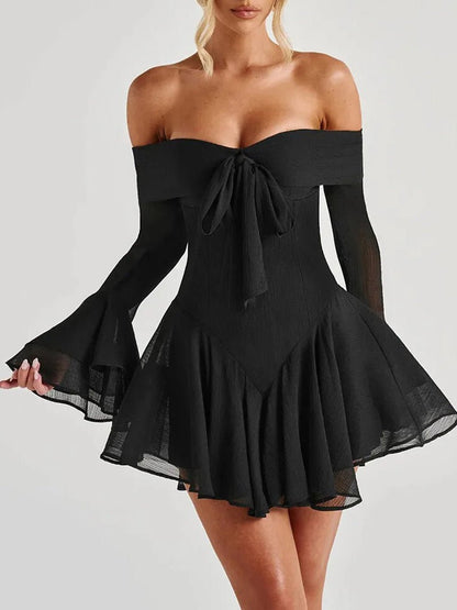 Black Off Shoulder Sweetheart Bow Bell Sleeve Fit and Flare Mini Dress