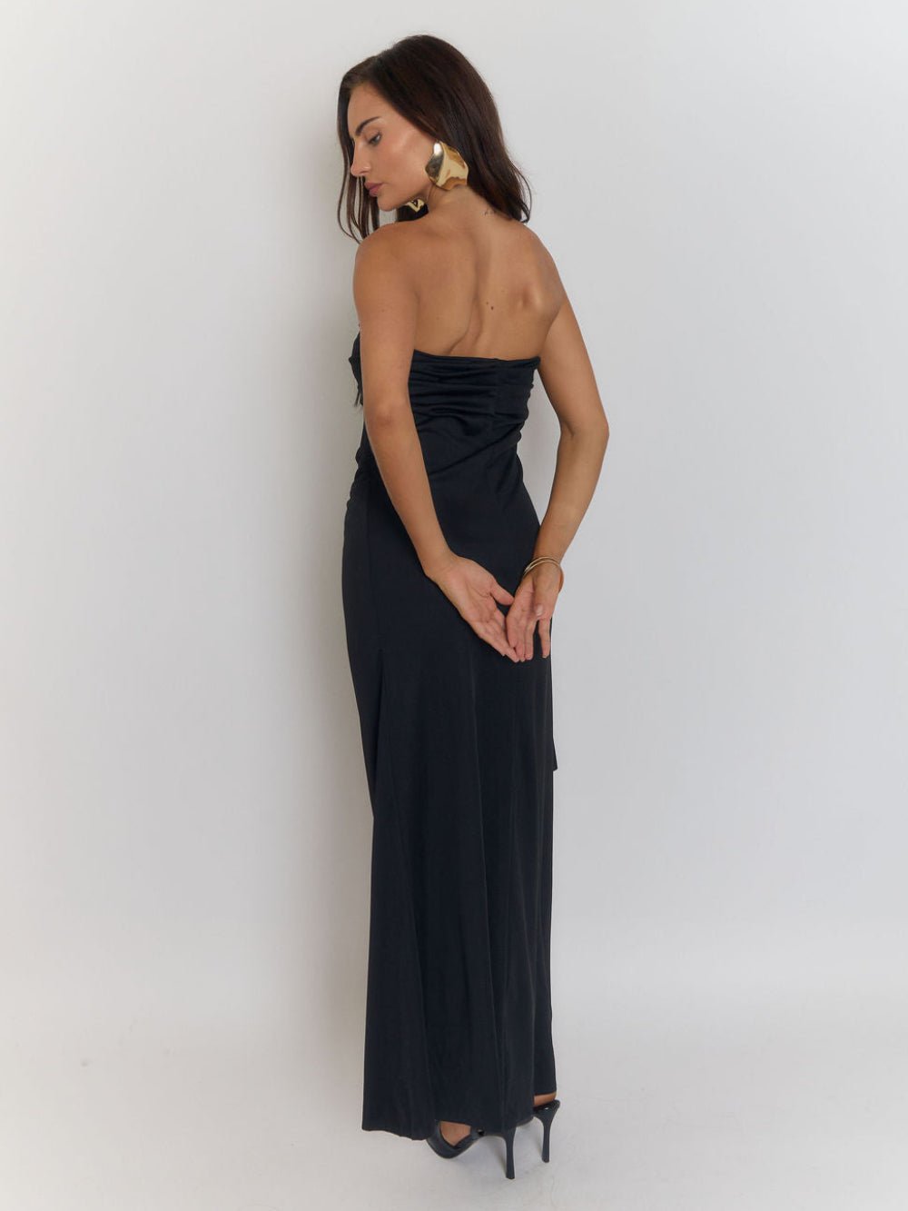 Black Strapless Ruched Back Detail Column Bodycon Maxi Gown