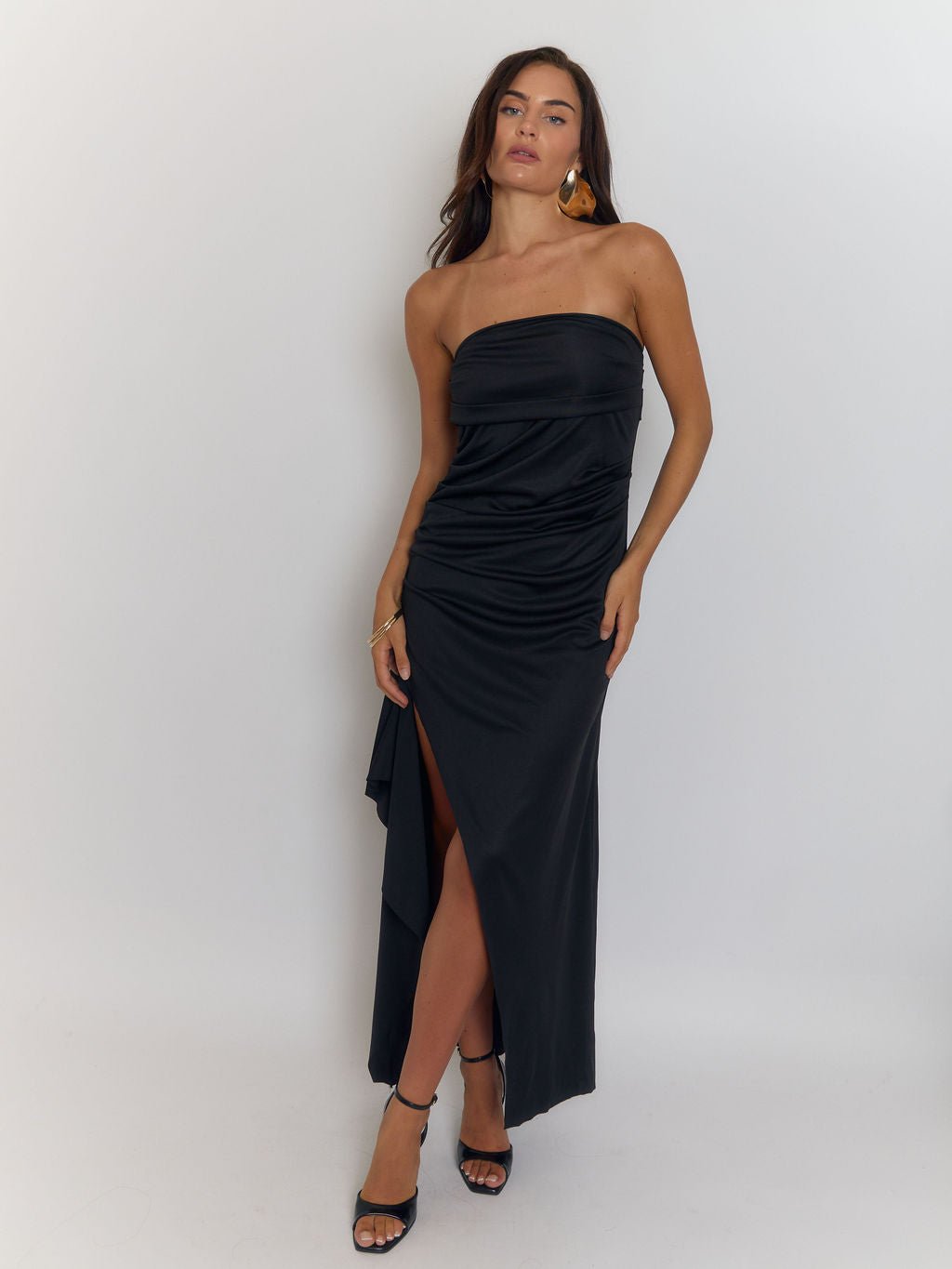 Black Strapless Ruched Back Detail Column Bodycon Maxi Gown
