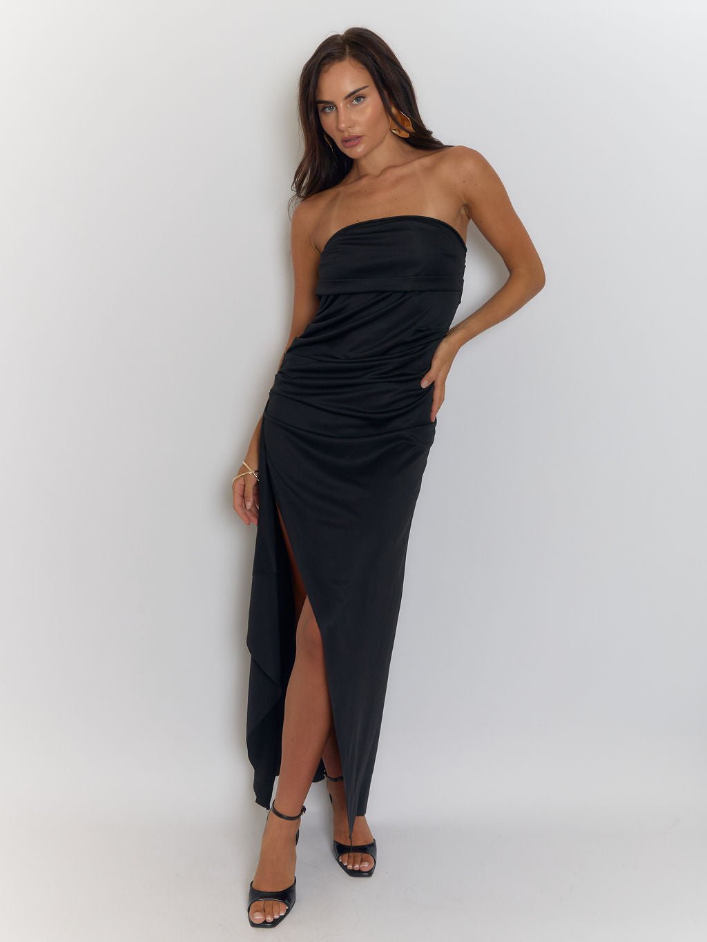 Black Strapless Ruched Back Detail Column Bodycon Maxi Gown