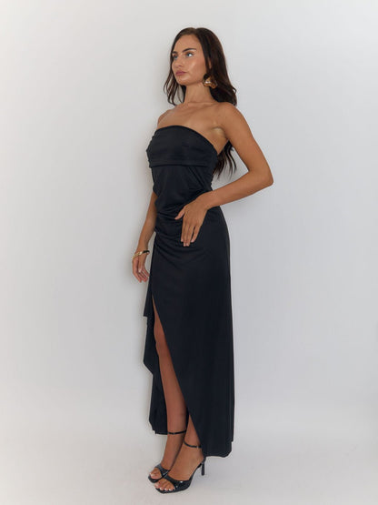 Black Strapless Ruched Back Detail Column Bodycon Maxi Gown