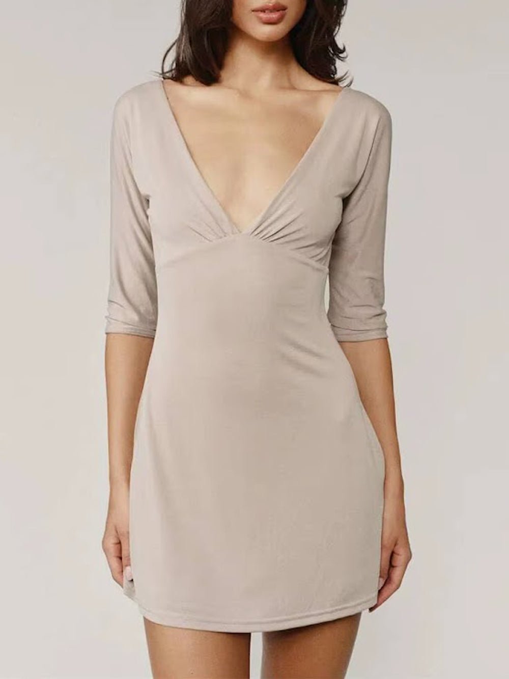 Beige Jersey Wrap Deep V-Neck Ruched Under Bust Three-Quarter Sleeve Bodycon Mini Dress