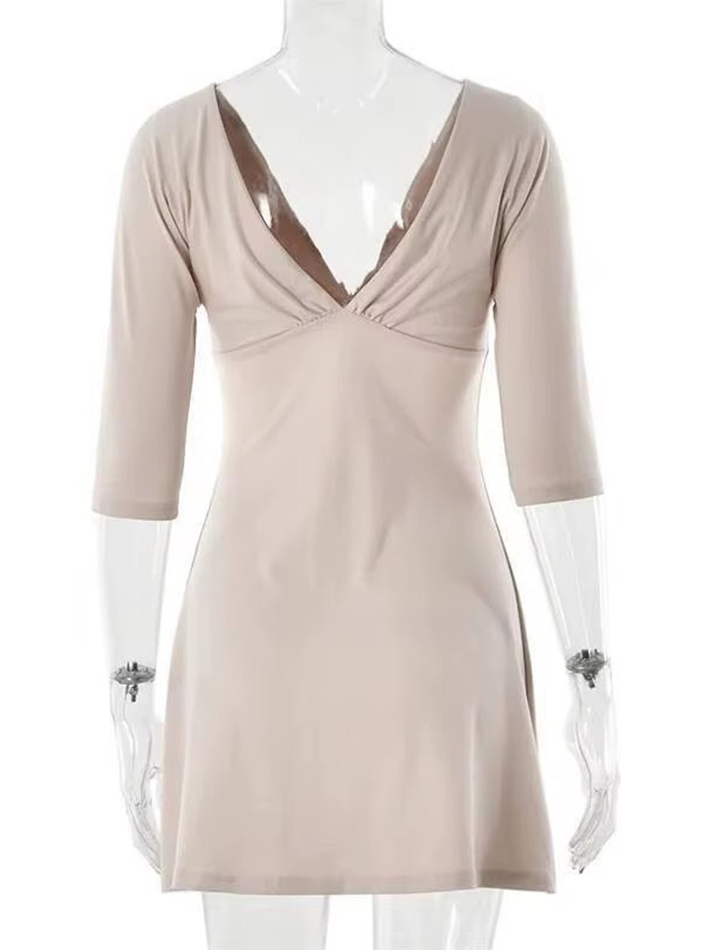 Beige Jersey Wrap Deep V-Neck Ruched Under Bust Three-Quarter Sleeve Bodycon Mini Dress