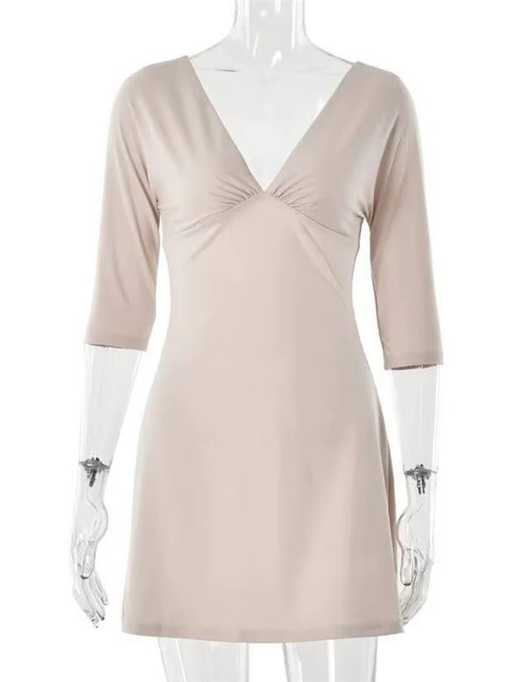 Beige Jersey Wrap Deep V-Neck Ruched Under Bust Three-Quarter Sleeve Bodycon Mini Dress