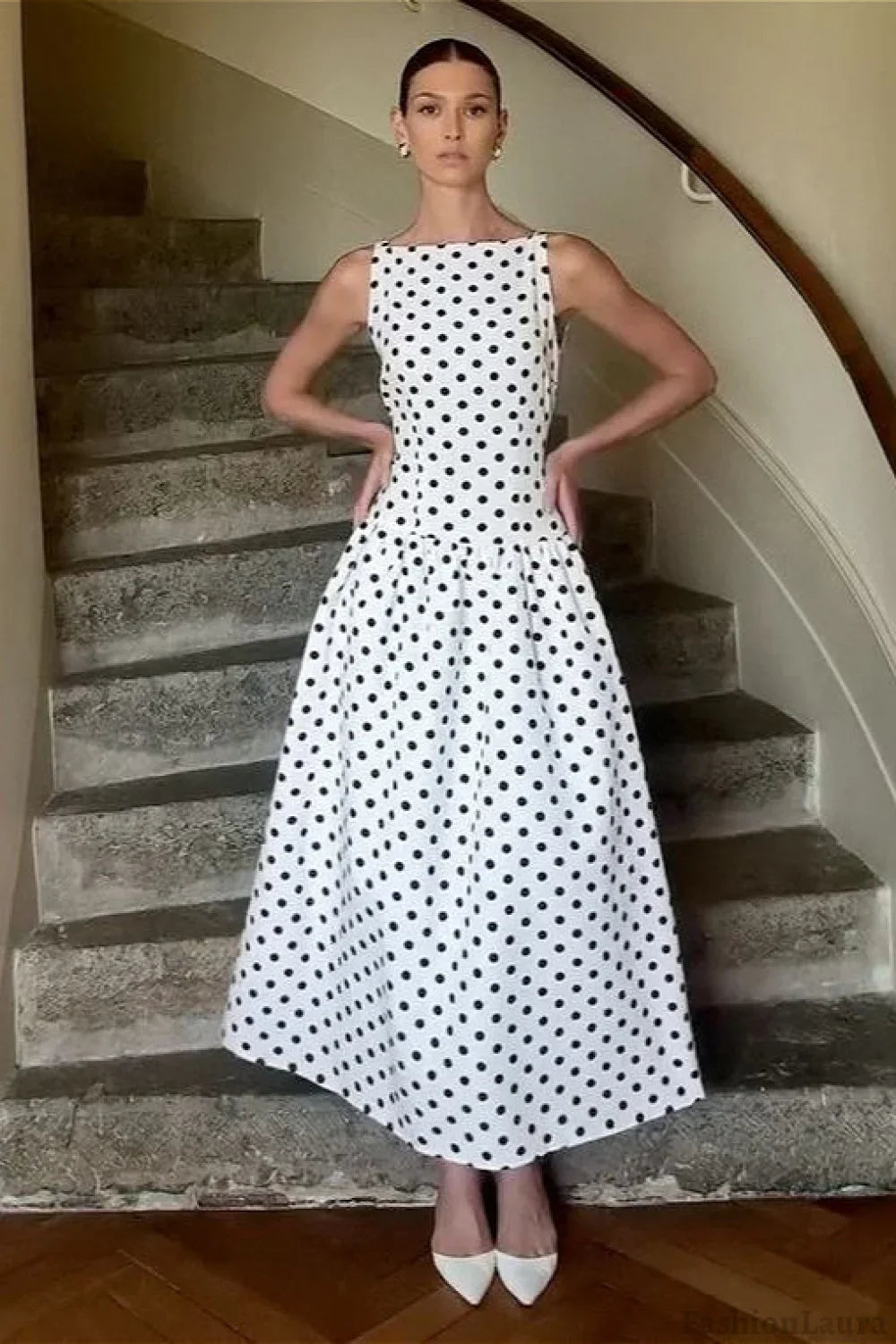 Sleeveless Polka Dot Casual Maxi Dress