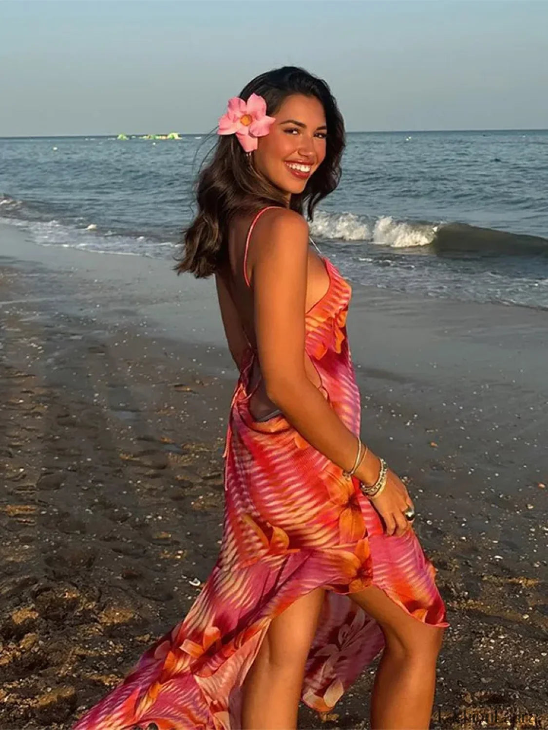 Sling Lace-Up Maxi Floral Dress