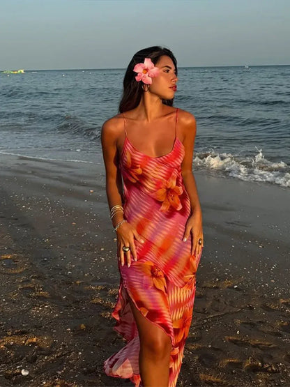 Sling Lace-Up Maxi Floral Dress