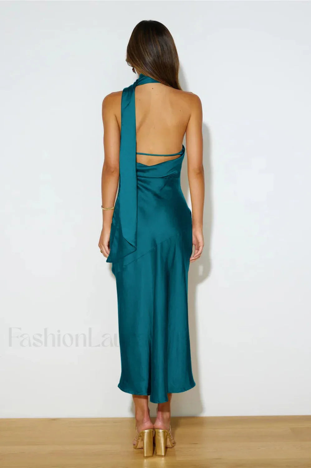 Slinky Open Back Charming Halter Satin Dress
