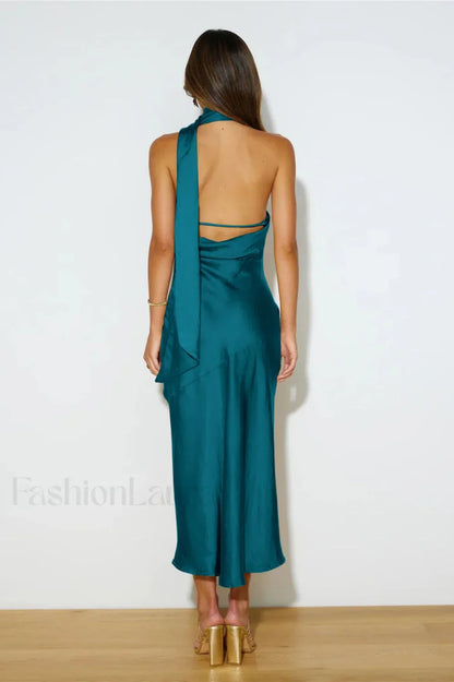 Slinky Open Back Charming Halter Satin Dress