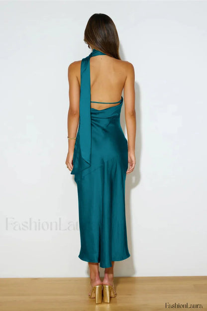Slinky Open Back Charming Halter Satin Dress