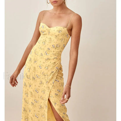Slit Spaghetti Chiffon Floral Dress