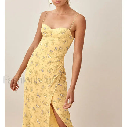 Slit Spaghetti Chiffon Floral Dress
