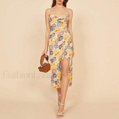 Slit Spaghetti Chiffon Floral Dress