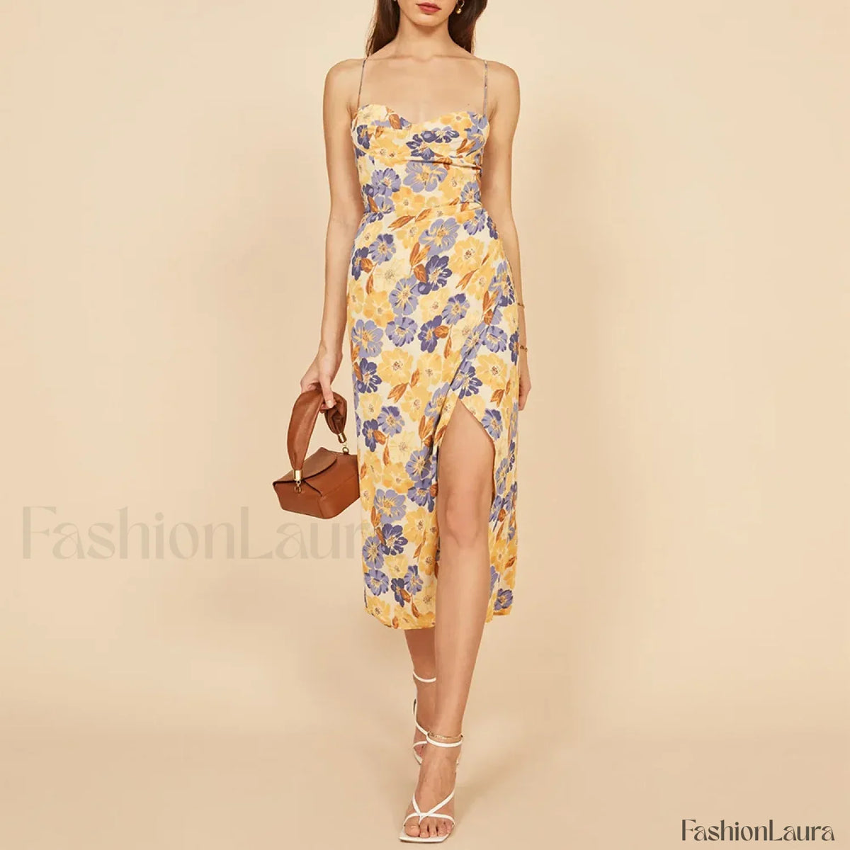 Slit Spaghetti Chiffon Floral Dress