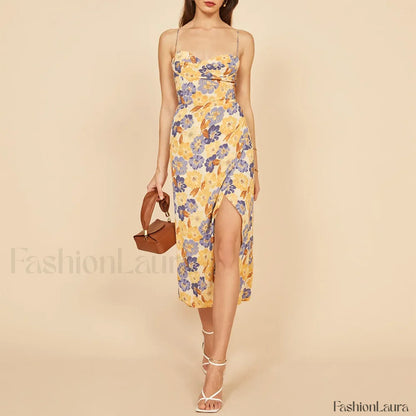 Slit Spaghetti Chiffon Floral Dress
