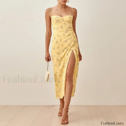 Slit Spaghetti Chiffon Floral Dress