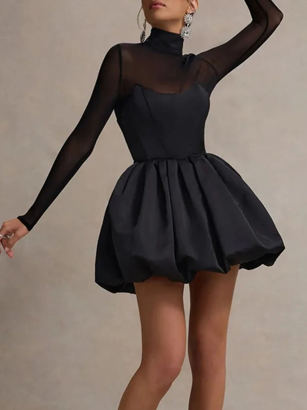 Black Mesh Mock Neck Long Sleeve Corset Bodice Bubble Hem Mini Party Dress