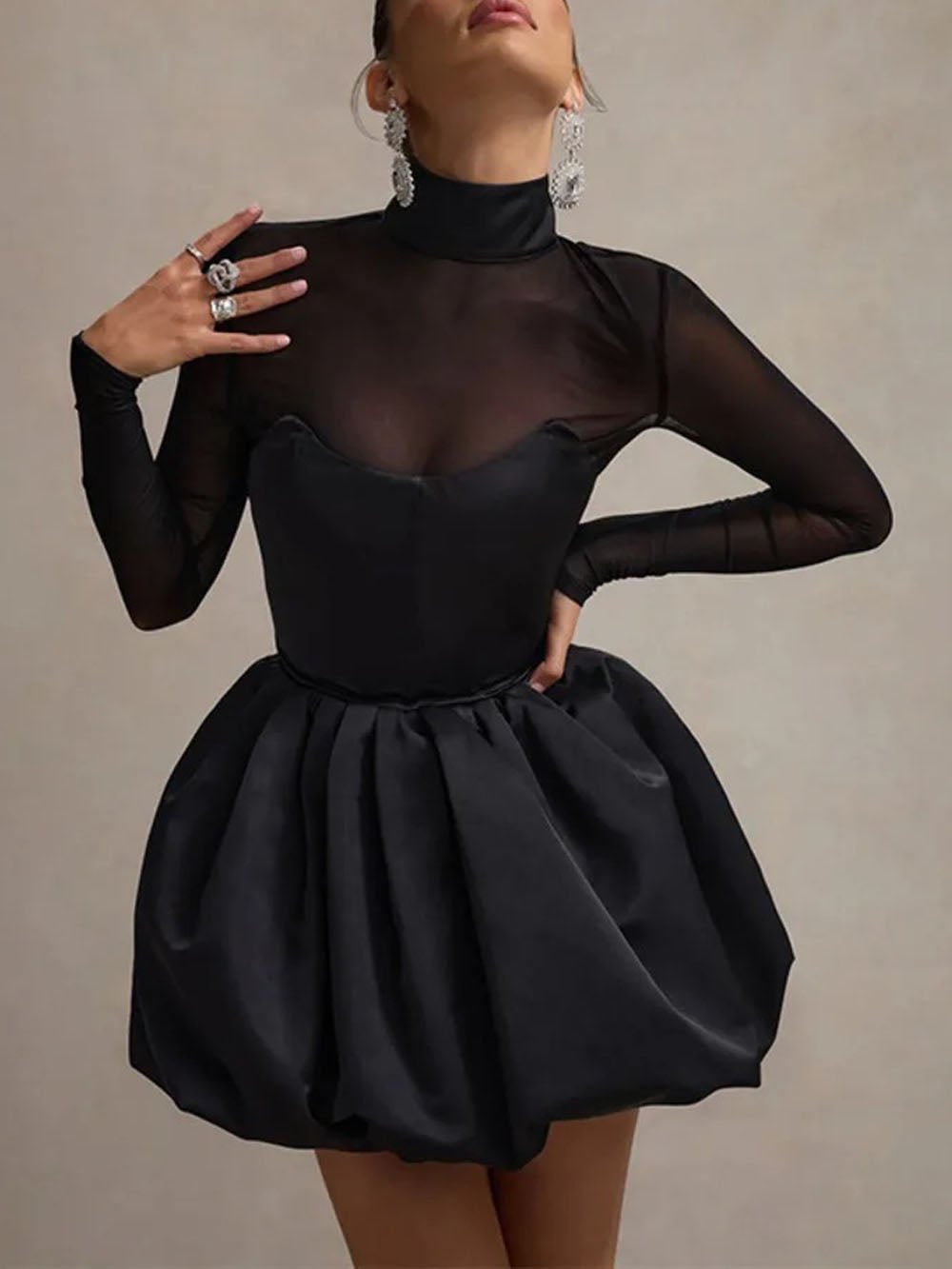 Black Mesh Mock Neck Long Sleeve Corset Bodice Bubble Hem Mini Party Dress