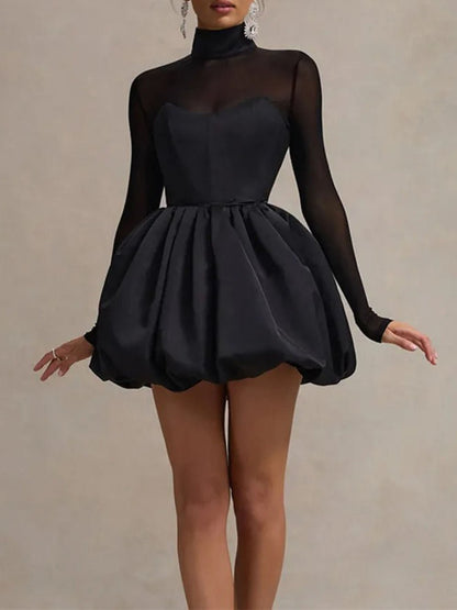 Black Mesh Mock Neck Long Sleeve Corset Bodice Bubble Hem Mini Party Dress