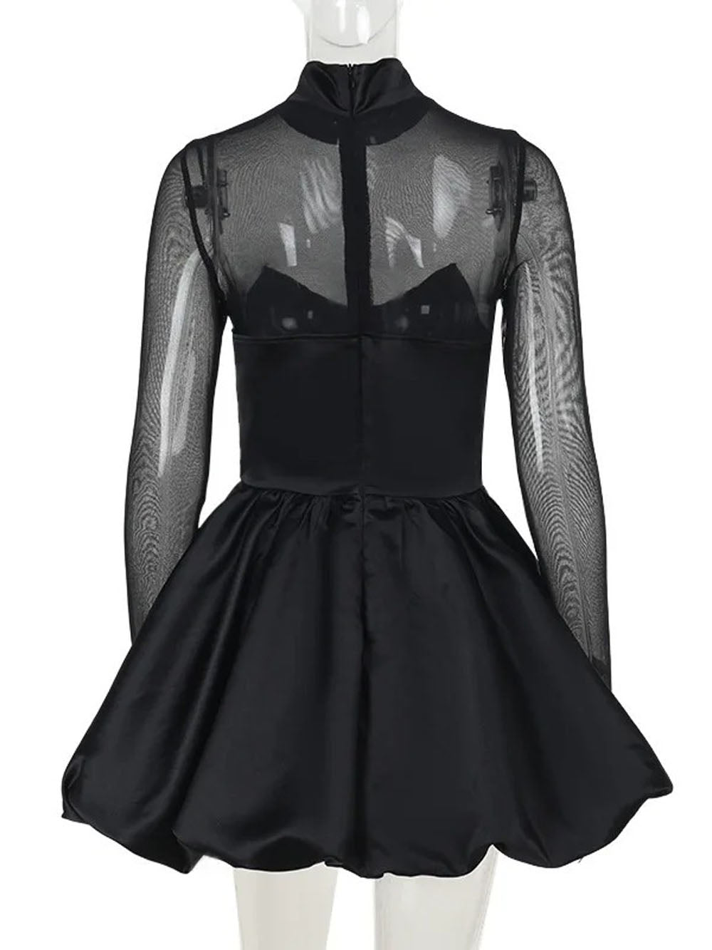 Black Mesh Mock Neck Long Sleeve Corset Bodice Bubble Hem Mini Party Dress