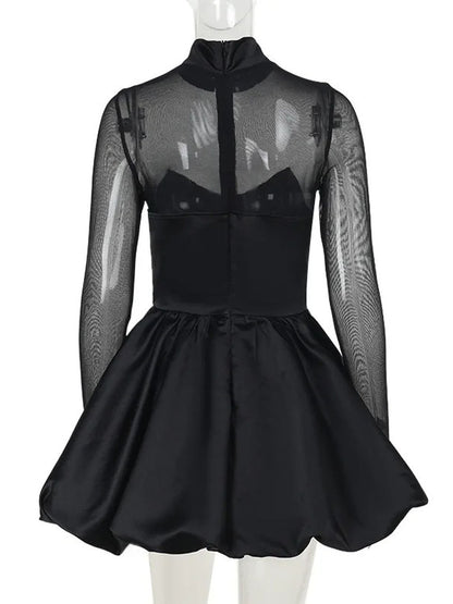 Black Mesh Mock Neck Long Sleeve Corset Bodice Bubble Hem Mini Party Dress