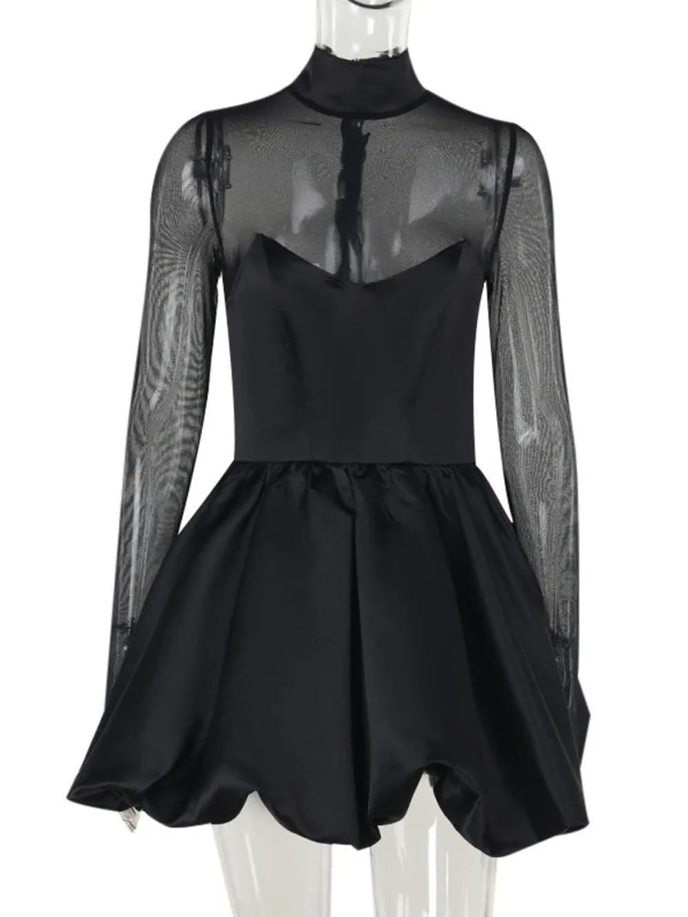 Black Mesh Mock Neck Long Sleeve Corset Bodice Bubble Hem Mini Party Dress
