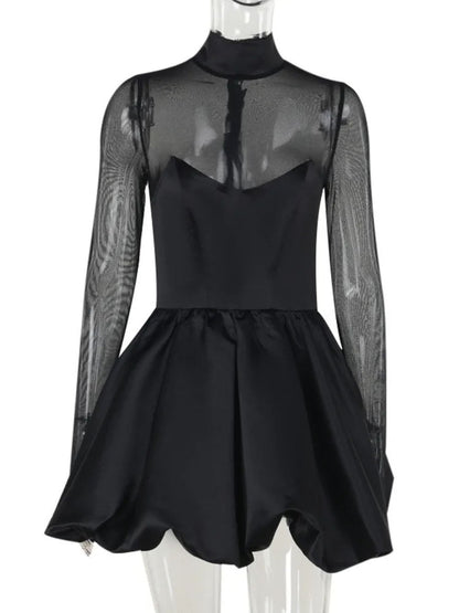 Black Mesh Mock Neck Long Sleeve Corset Bodice Bubble Hem Mini Party Dress