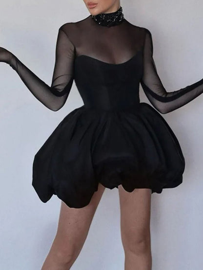 Black Mesh Mock Neck Long Sleeve Corset Bodice Bubble Hem Mini Party Dress