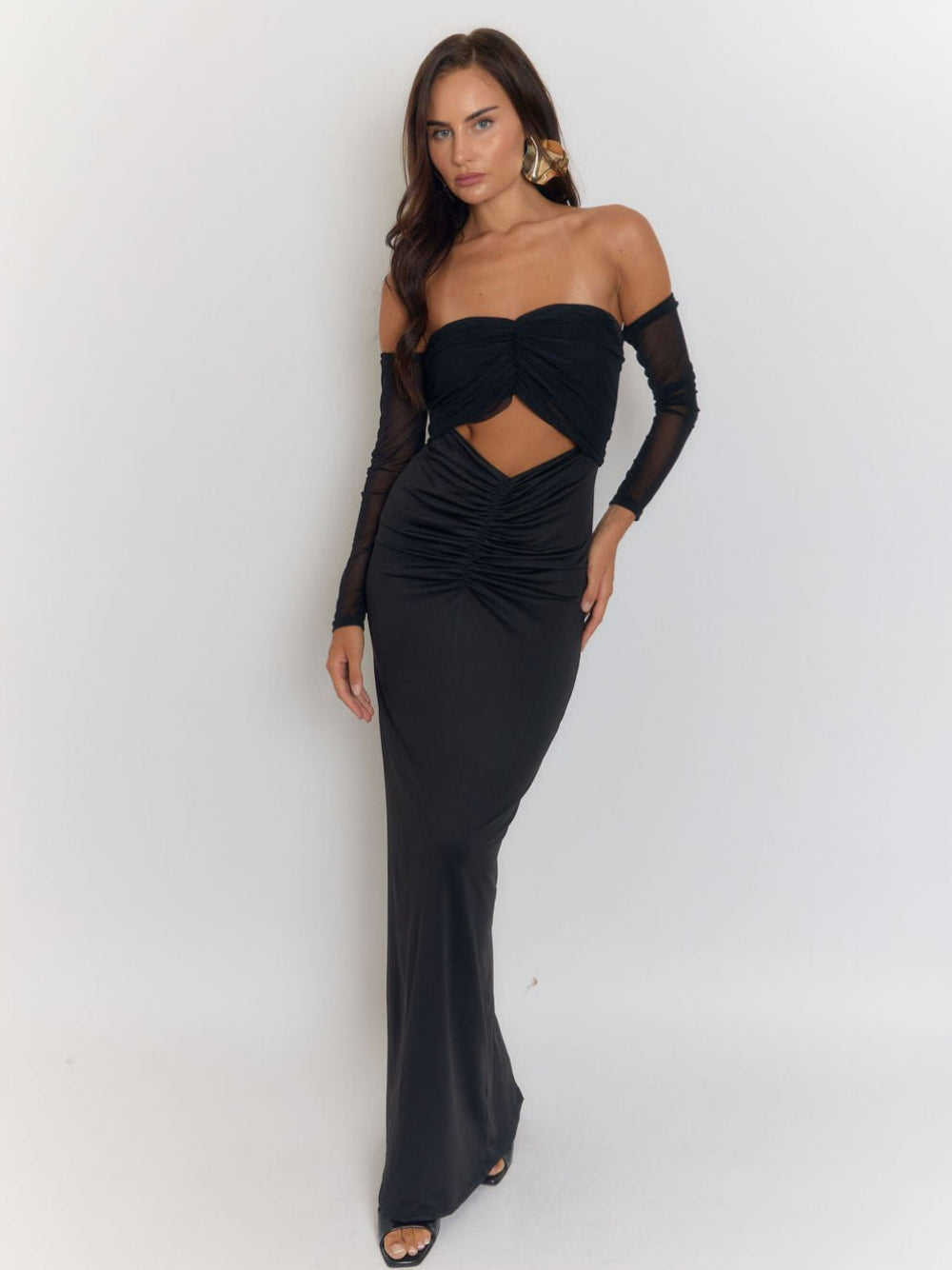Black Strapless Under Bust Cut Out Ruched Bodycon Mesh Sleeve Overlay Maxi Gown