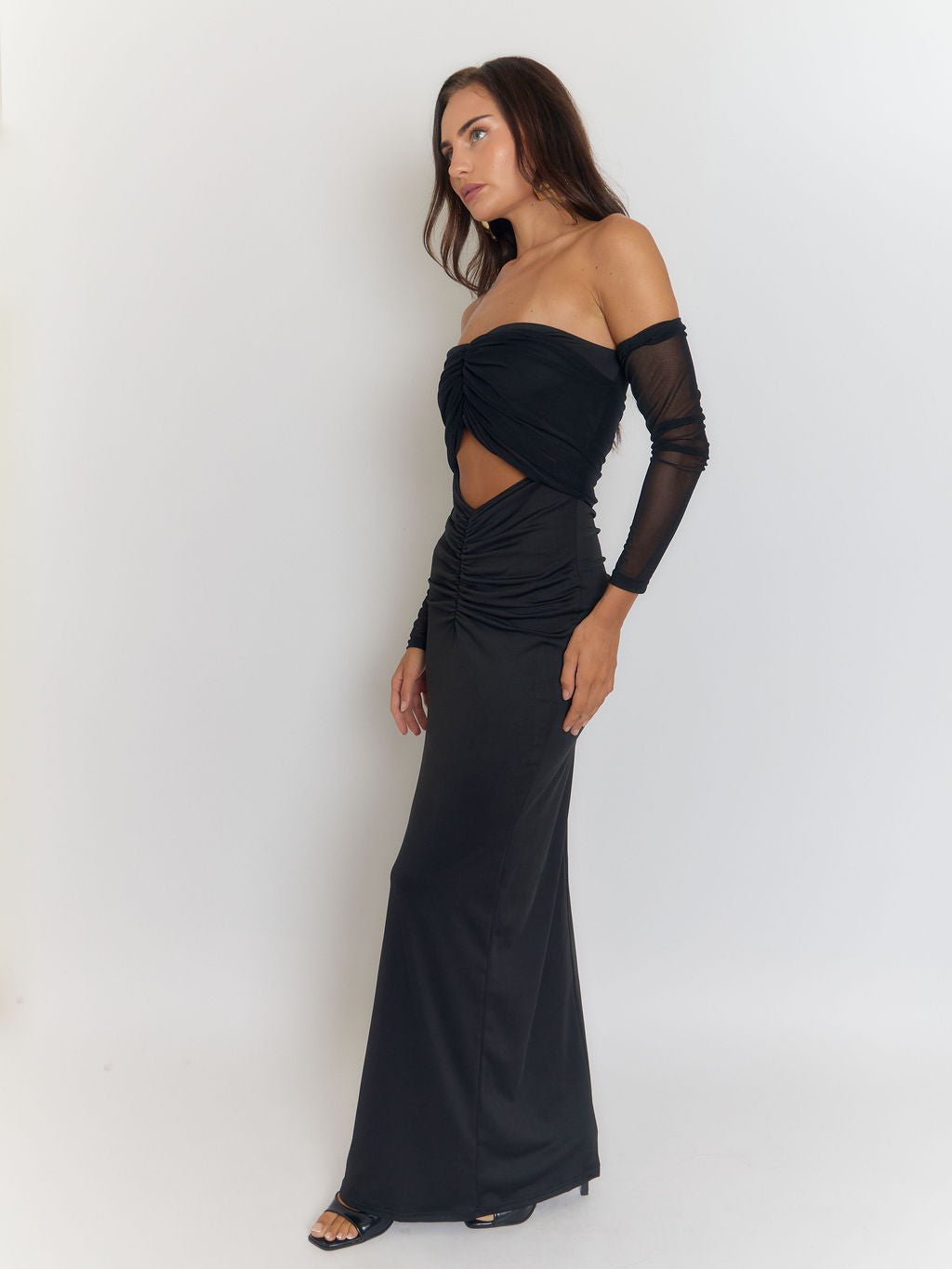 Black Strapless Under Bust Cut Out Ruched Bodycon Mesh Sleeve Overlay Maxi Gown