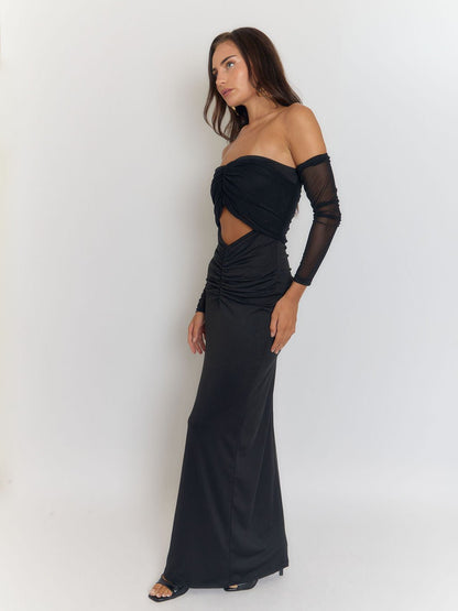 Black Strapless Under Bust Cut Out Ruched Bodycon Mesh Sleeve Overlay Maxi Gown