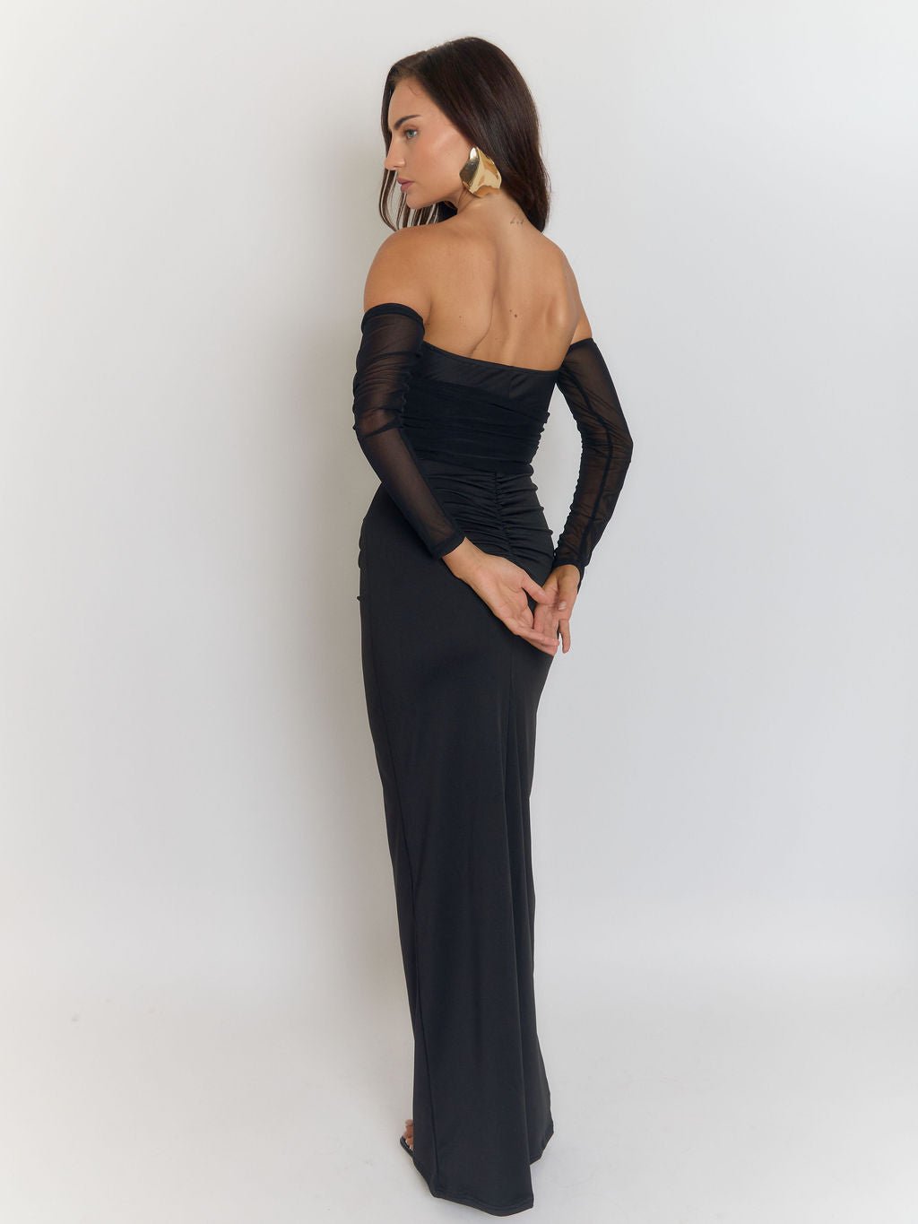 Black Strapless Under Bust Cut Out Ruched Bodycon Mesh Sleeve Overlay Maxi Gown