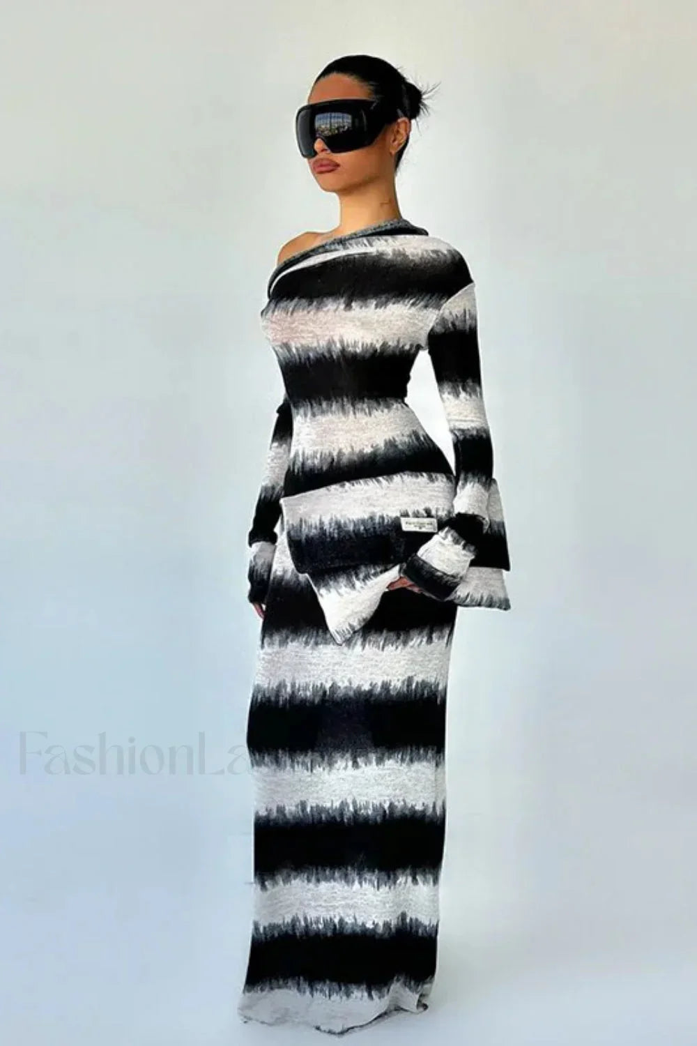 Smudged Black and White Stripes Asymmetrical Slanted Shoulder Maxi Dress