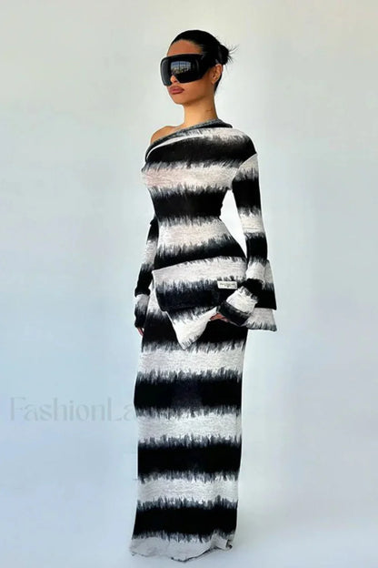 Smudged Black and White Stripes Asymmetrical Slanted Shoulder Maxi Dress