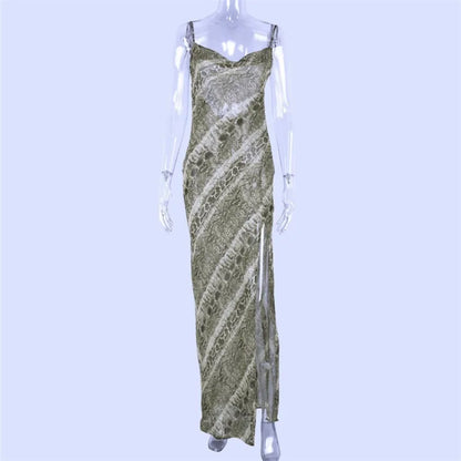 Snakeskin Print Cowl Neck Spaghetti Strap Side Slit Maxi Dress