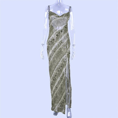 Snakeskin Print Cowl Neck Spaghetti Strap Side Slit Maxi Dress
