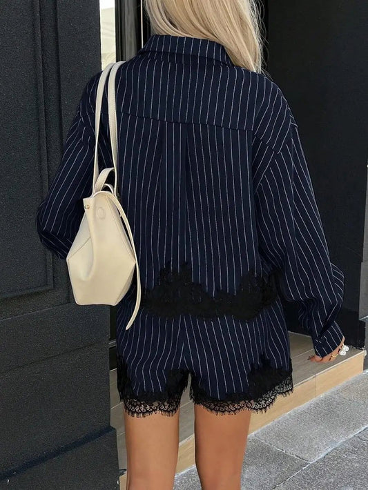 Kate Pinstripe Lace Trim Hem Shorts Set