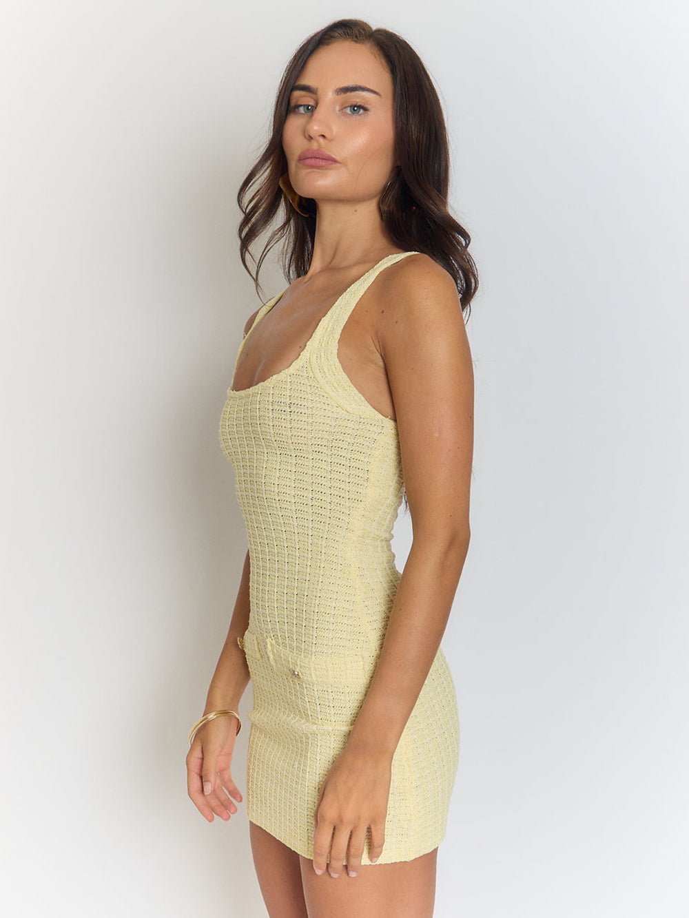 Yellow Knit Square Neck Tank Strap Button Pocket Bodycon Mini Dress