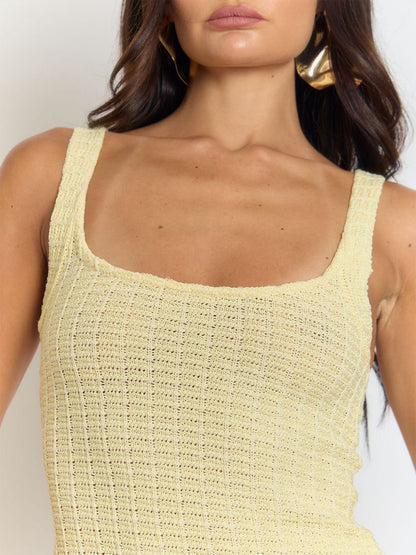 Yellow Knit Square Neck Tank Strap Button Pocket Bodycon Mini Dress