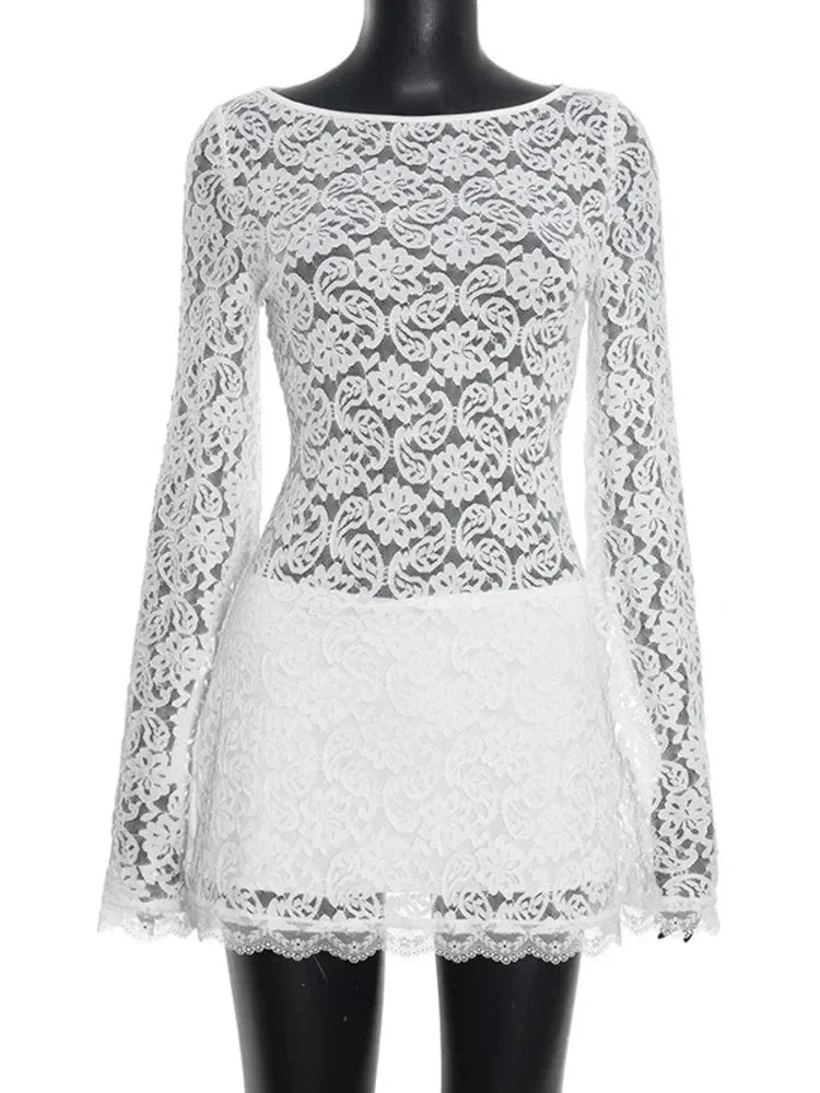 White Lace Boat Neck Bell Sleeve Scalloped Hem Bodycon Mini Dress