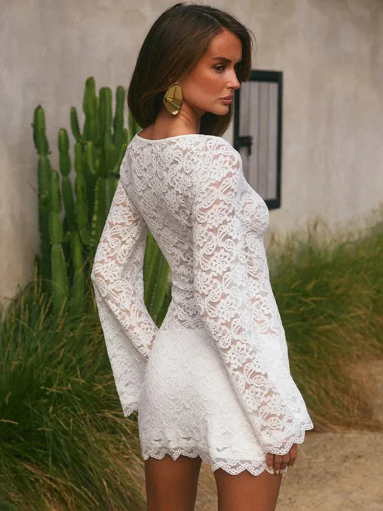 White Lace Boat Neck Bell Sleeve Scalloped Hem Bodycon Mini Dress