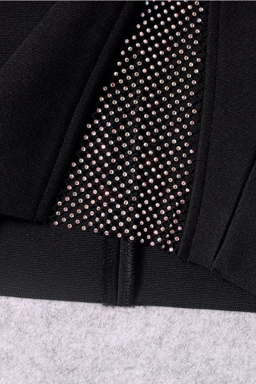 Classic Black Rhinestone Mesh Deep V-Neck Sleeveless Bodycon Mini Dress