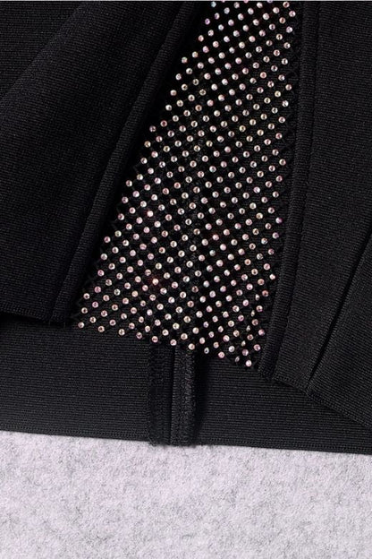 Classic Black Rhinestone Mesh Panel Cut Out Sleeveless Bodycon Mini Dress