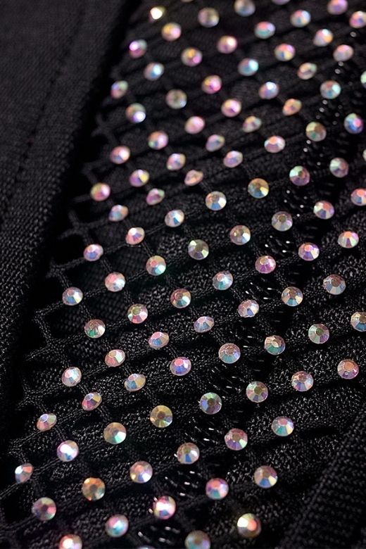 Classic Black Rhinestone Mesh Deep V-Neck Sleeveless Bodycon Mini Dress