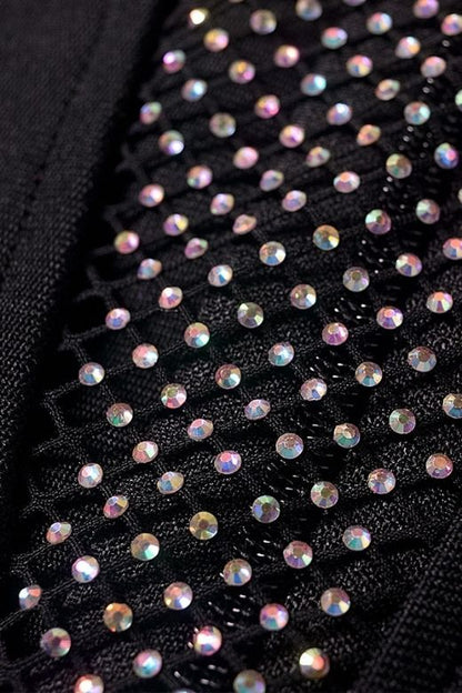 Classic Black Rhinestone Mesh Deep V-Neck Sleeveless Bodycon Mini Dress